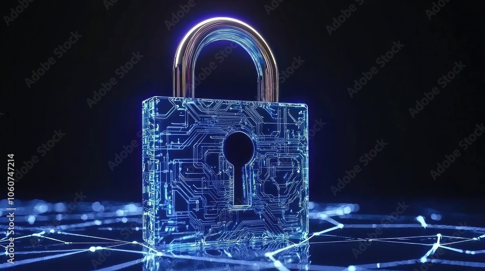 Poster digital padlock with circuit patterns on a dark background.