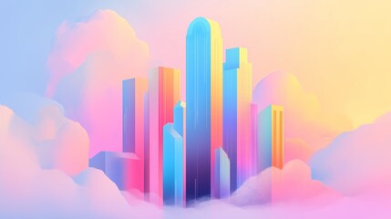 Fototapeta premium Futuristic skyscrapers emerging from colorful dreamy clouds under soft pastel sky with vibrant lighting effects and reflections