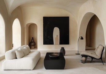 Minimalist Interior Design with Arched Doorways and Contemporary Art