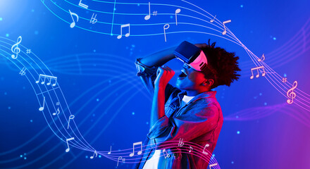 Man with casual cloth singing while wearing VR glasses surrounded with music notes holographic....