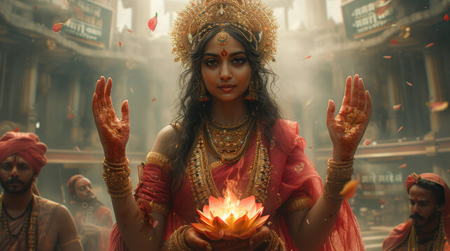 Goddess Lakshmi Holding Lotus in Traditional Indian Temple
