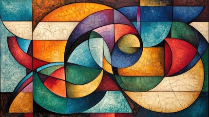 Fototapeta premium Abstract painting with geometric shapes and vibrant colors, featuring a swirling pattern in the center.