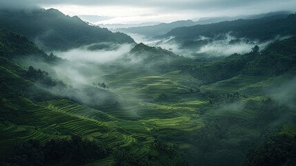 A misty morning view of lush green rice terraces in the mountains.