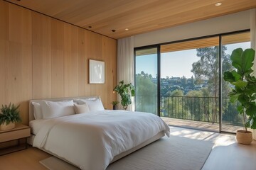 Fototapeta premium Serene modern bedroom with wooden walls and large glass doors overlooking scenic forest landscape in daylight