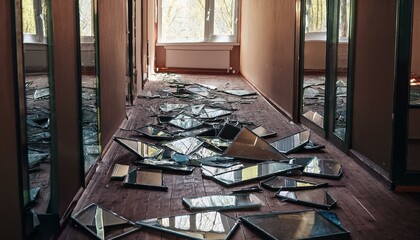 A room littered with broken mirrors