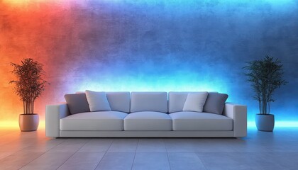 Home cinema living room with colorful LED lighting and modern decor features