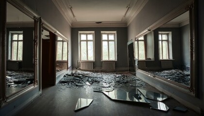 A room littered with broken mirrors