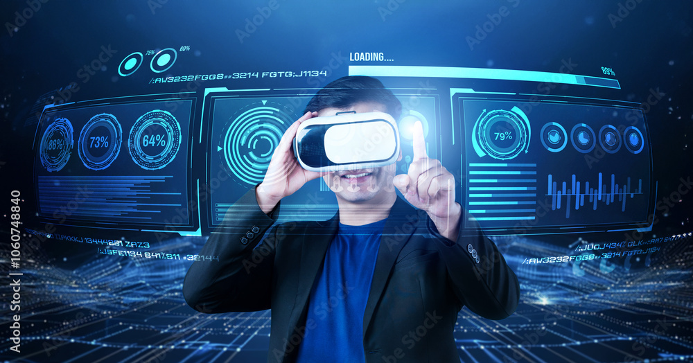 Poster smart business man with goggles working while using ai technology. manager accessing at global netwo