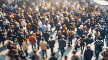 Obraz premium A blurred crowd of people, conveying the concept of business and mass movement within a city or corporate environment.