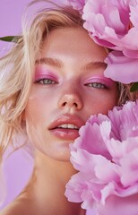 A beautiful blonde woman with pink eye shadow and peonies, beauty photography