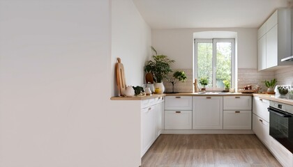 White home kitchen interior with cooking cabinet, window. Mockup wall