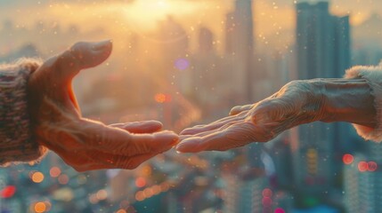 Empathy in action  a hand reaches out to assist an elderly person against a blurred cityscape