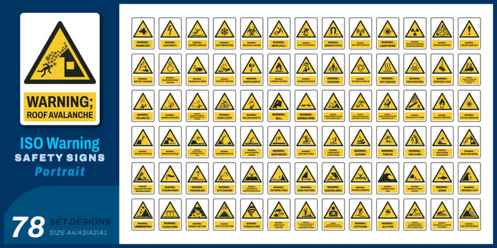 78 set iso warning safety signs v40_roof avalanche_portrait size a4/a3/a2/a1
