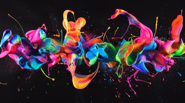 Dynamic neon paint splatter art on black background capturing creativity and energy vividly