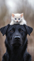 Obraz premium Cat and dog sleeping together. Kitten and puppy taking nap. Home pets. Animal care. Love and friendship. Domestic animals. 