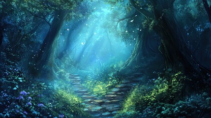 Obraz premium A Mystical Forest Path Illuminated by a Blue Glow