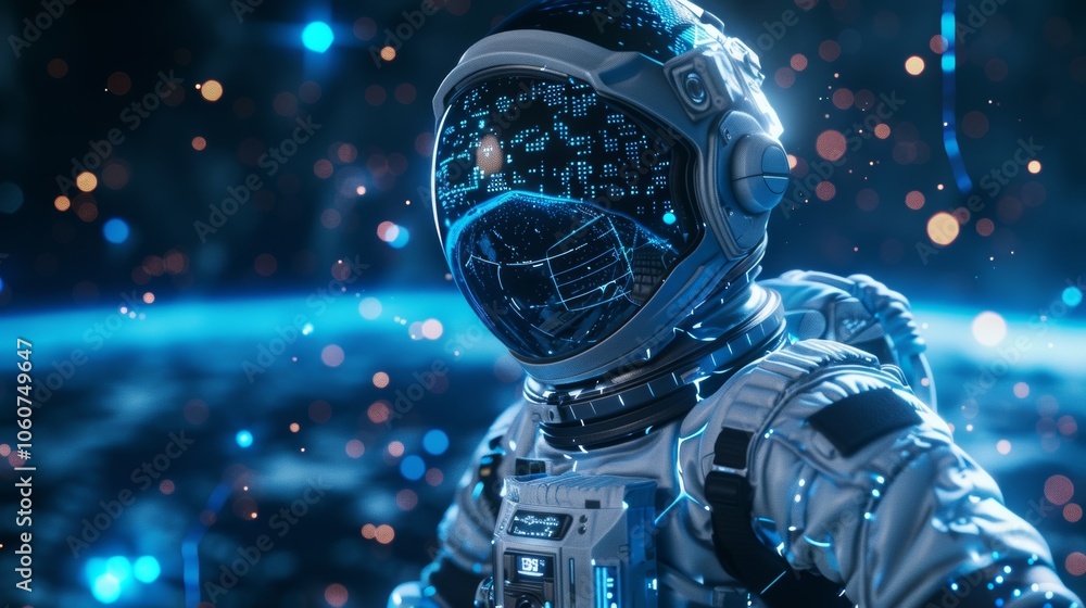 Poster astronaut wearing a futuristic spacesuit with a digital heads up display is exploring an otherworldl