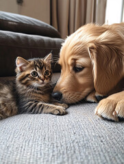 Fototapeta na wymiar Cat and dog sleeping together. Kitten and puppy taking nap. Home pets. Animal care. Love and friendship. Domestic animals. 