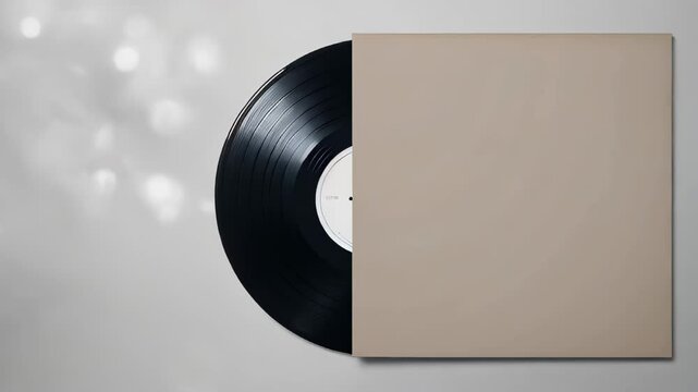 black vinyl LP record and a blank copy space beige album cover, flat lay against a smooth, neutral background with bokeh lights. Mockup template. Music concept