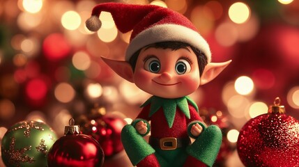 Cheerful elf in a festive outfit sitting surrounded by holiday toys and decorations