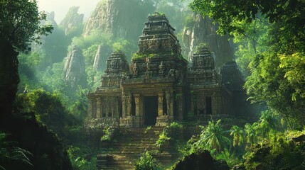 Ancient Stone Temple Overgrown with Lush Tropical Vegetation