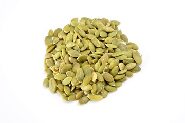 green pumpkin seeds isolated on white background top view macro