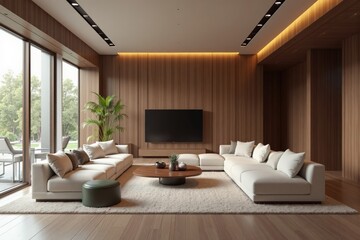 Modern living room interior with cozy furniture and warm lighting for a stylish atmosphere