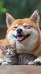 Obraz premium Cat and dog sleeping together. Kitten and puppy taking nap. Home pets. Animal care. Love and friendship. Domestic animals. 