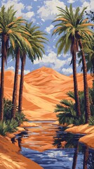 A desert oasis with palm trees and water, painted in the style of vintage poster art. The orange sand dunes loom behind it, creating an exotic atmosphere