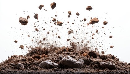 Soil pile explosively scattering dirt and rocks against a white background