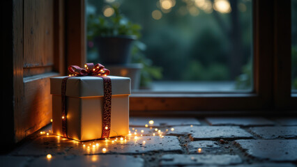 A wrapped gift with a red ribbon and a string of lights around it, placed on the floor in front of an open window.