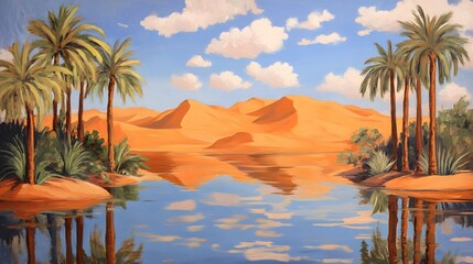 A desert oasis with palm trees and water, painted in the style of vintage poster art. The orange sand dunes loom behind it, creating an exotic atmosphere