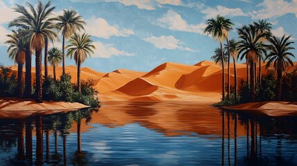 A desert oasis with palm trees and water, painted in the style of vintage poster art. The orange sand dunes loom behind it, creating an exotic atmosphere