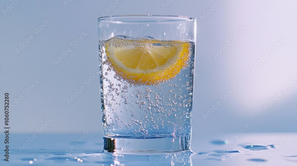 Poster refreshing high-resolution glass of sparkling water with lemon slice isolated on white background