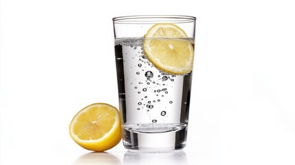 Refreshing High-Resolution Glass of Sparkling Water with Lemon Slice Isolated on White Background