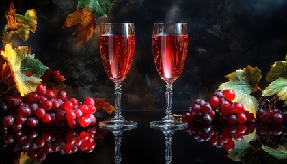 Elegant glasses of wine on colorful grape leaves for a romantic evening setting