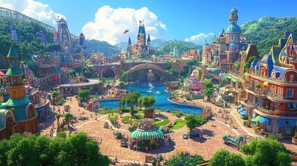 Fototapeta premium Colorful Cartoon City with High Angle View