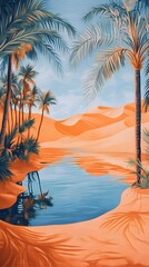 A desert oasis with palm trees and water, painted in the style of vintage poster art. The orange sand dunes loom behind it, creating an exotic atmosphere