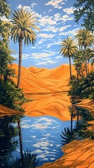 A desert oasis with palm trees and water, painted in the style of vintage poster art. The orange sand dunes loom behind it, creating an exotic atmosphere