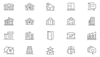 Real Estate line icon set. Housing, builder, crane, rental of premises, insurance, realty, measure, buying, renting, town house, museum line icon set. UI thin line icon pack.