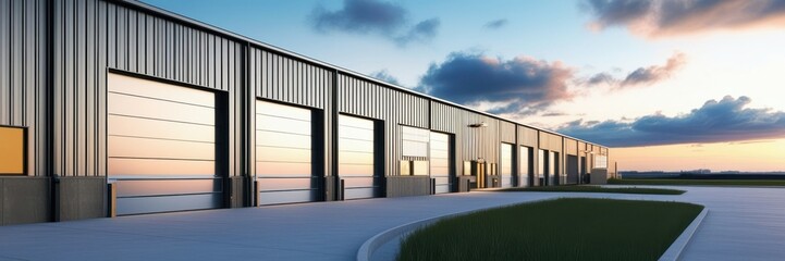 Fototapeta premium Industrial warehouse, loading docks, sunset sky, modern architecture, metal siding, concrete structure, evening light, logistics center, commercial building, distribution facility, cargo doors, reflec