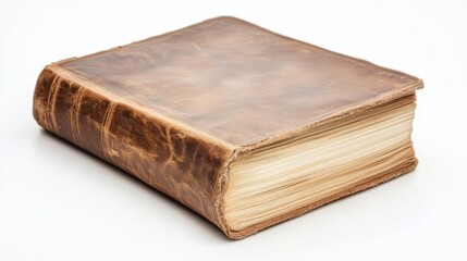 Obraz premium Vintage Leather-Bound Journal with Worn Pages on White Background