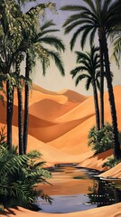 A desert oasis with palm trees and water, painted in the style of vintage poster art. The orange sand dunes loom behind it, creating an exotic atmosphere