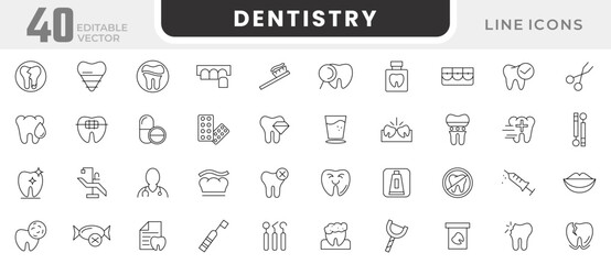 Dentistry line icon set. Tooth, dentist, toothpaste, toothbrush, teeth, implant, cavity, hygiene, health, sign, braces and inserts line icon set. UI thin line icon pack.