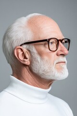 Fototapeta premium Albino man wearing white turtleneck, with soft light emphasizing wrinkles and deep shadows for cinematic mood