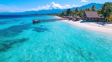 Fototapeta premium Discover the serenity of a tropical island landscape featuring a palm-fringed beach and crystal-clear waters perfect for relaxation and adventure