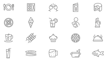 Restaurant and Food line icon set. Food, fish, chicken, spoon, cake, fruit, burger, donuts, juice, water, table, customer line icon set. UI thin line icon pack.