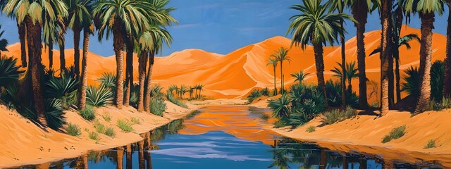 A desert oasis with palm trees and water, painted in the style of vintage poster art. The orange sand dunes loom behind it, creating an exotic atmosphere