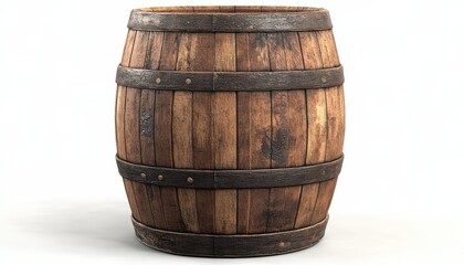 Obraz premium Old wooden barrel isolated on a white background showcasing rustic charm