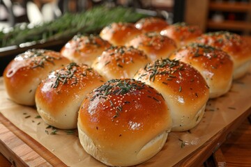 Freshly baked rosemary rolls cooling on a wooden board in a cozy kitchen, showcasing a golden crust and fragrant herb garnish, perfect for any meal or gathering